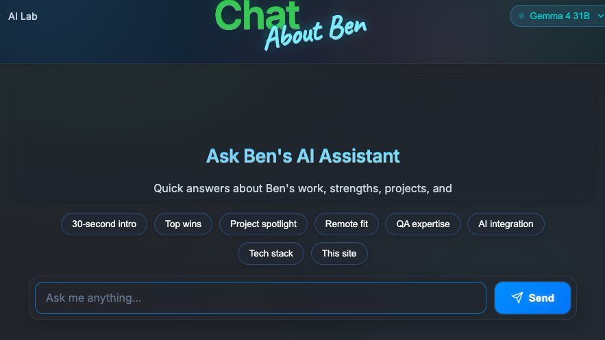 Chat About Ben, the AI Lab chat interface with its tier selector and status badge.