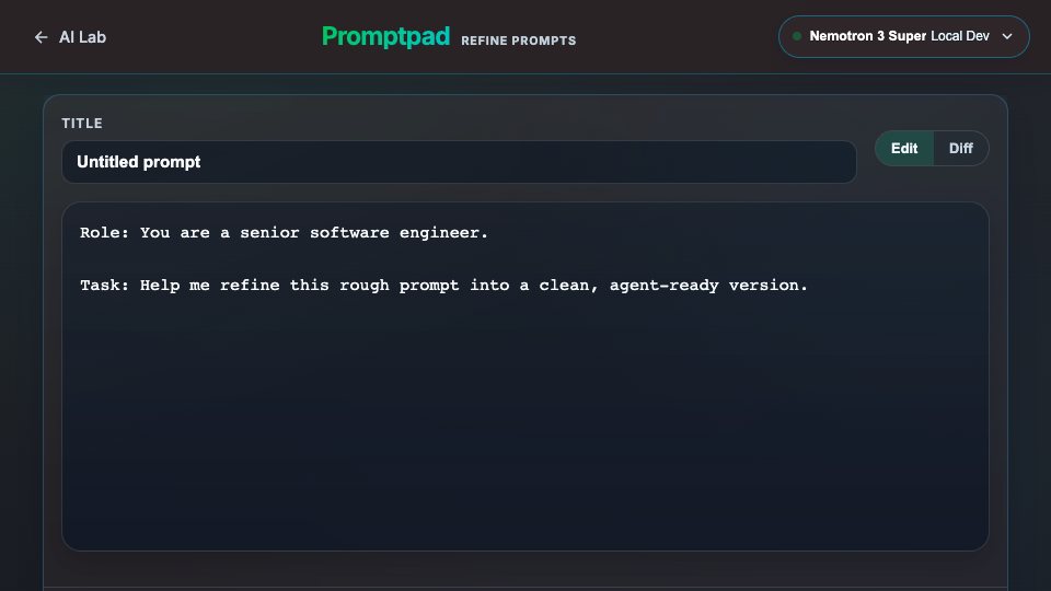 Promptpad's editor with a revision history and enhancement controls.