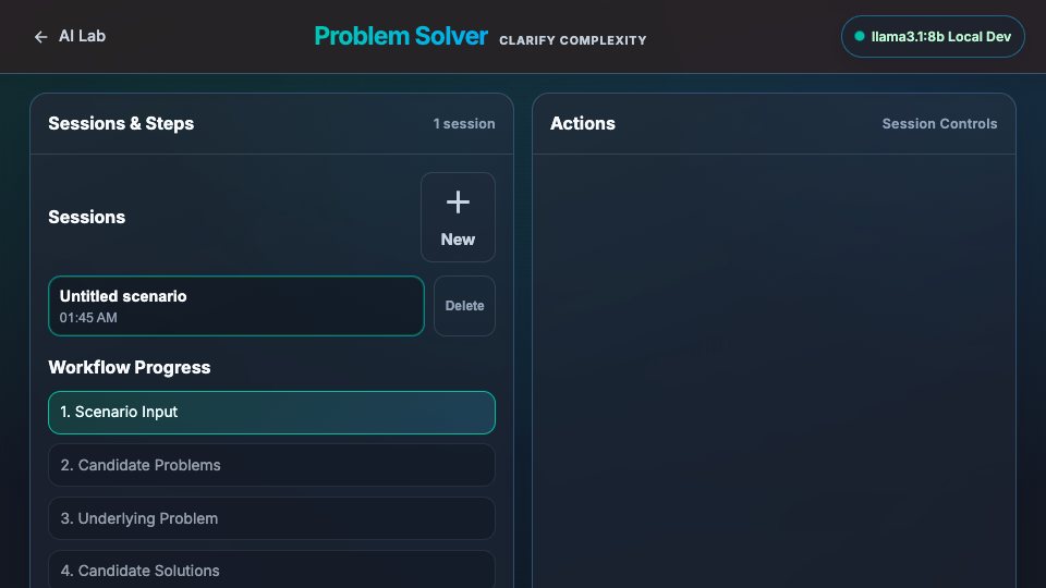 Problem Solver's step-by-step workbench with scenario, candidates, analysis, solutions, and plan.