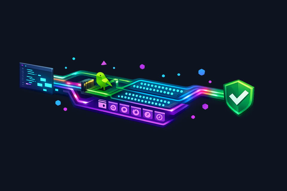 Isometric illustration of an automated QA pipeline, with canary tests, batched runners, and AI agents collaborating through a verification workflow.