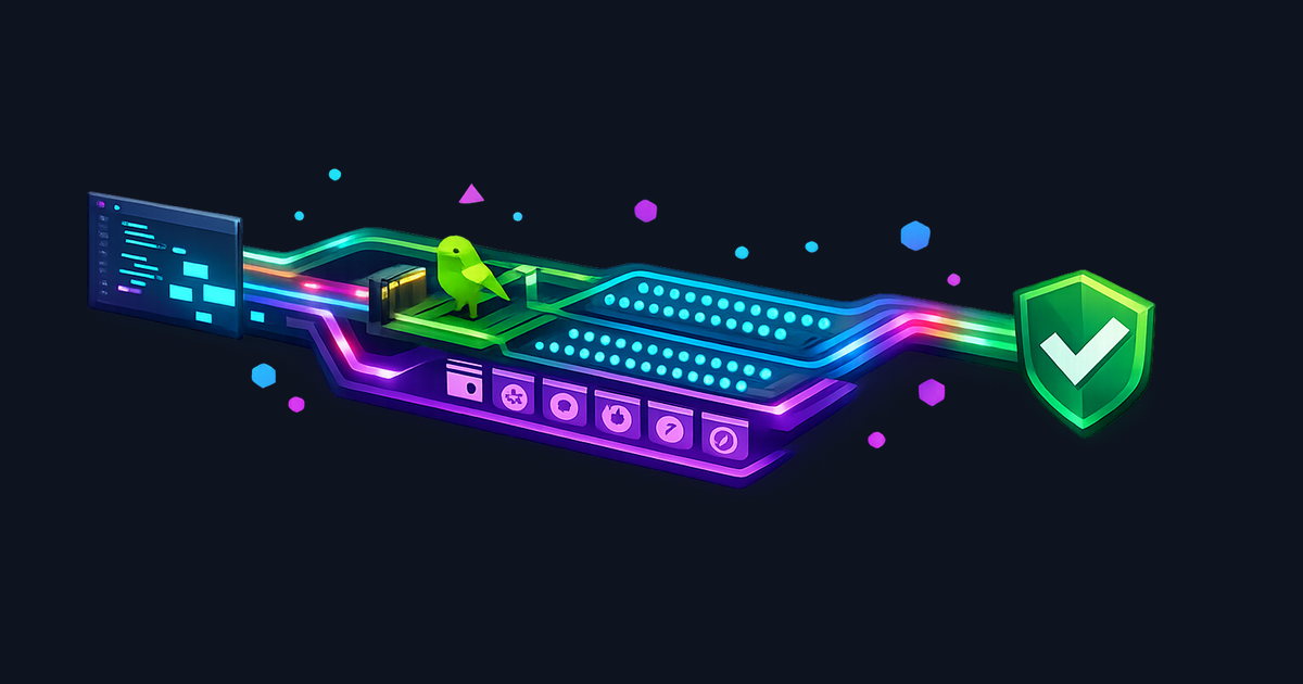 Isometric illustration of an automated QA pipeline, with canary tests, batched runners, and AI agents collaborating through a verification workflow.