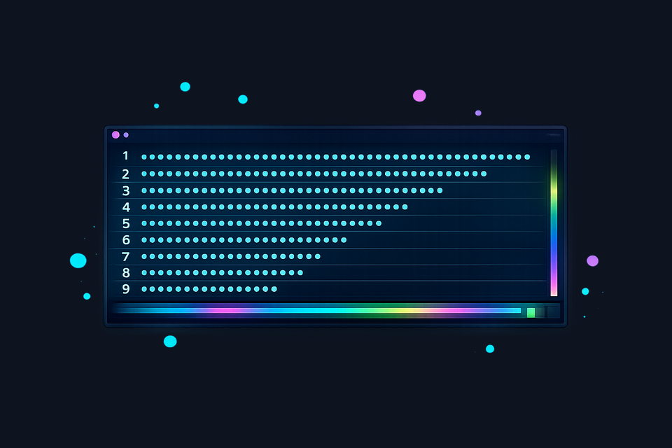 Top-down view of 9 sequential test batches flowing through a pipeline with dot-and-F pass/fail notation