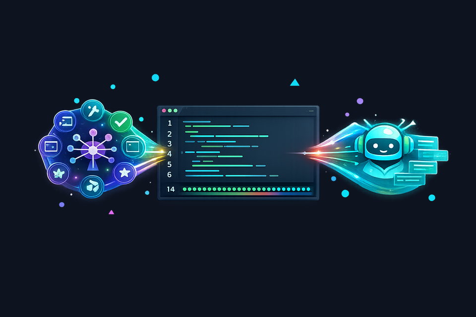 Three AI agents, Claude Code, GitHub Copilot, and the developer, collaborating inside a unified development workspace