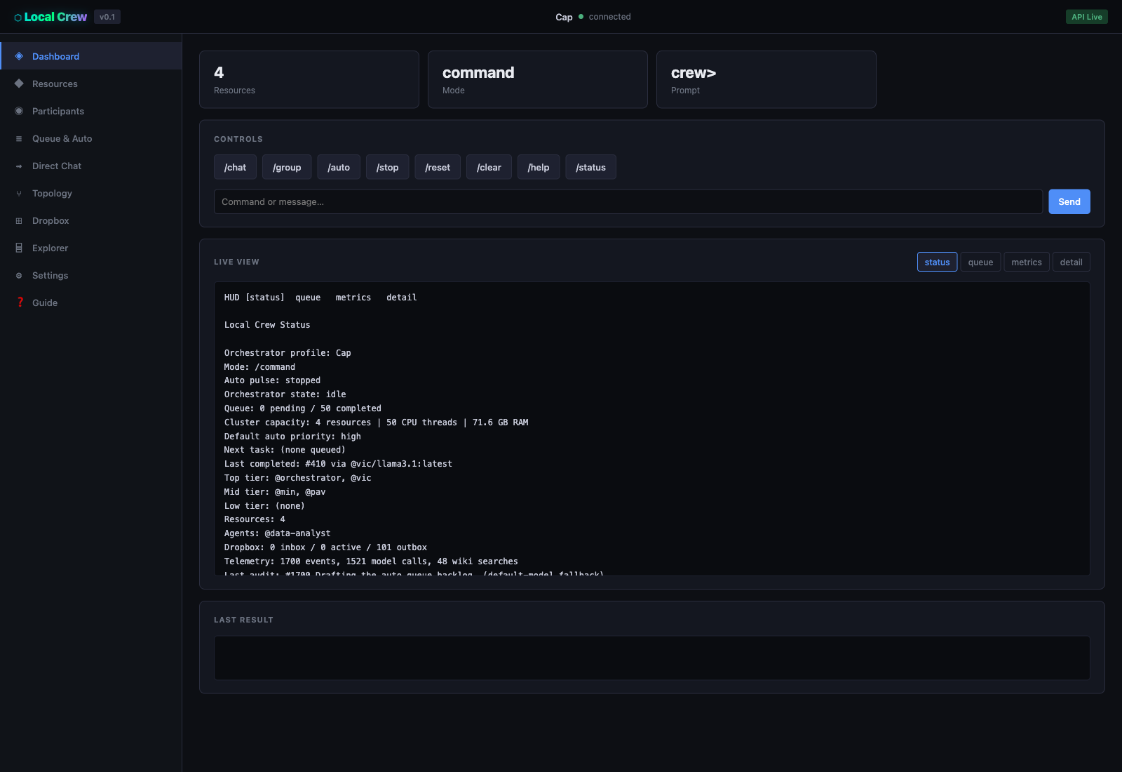 Local Crew operator dashboard showing resources, queue state, and cluster capacity across multiple inference devices.