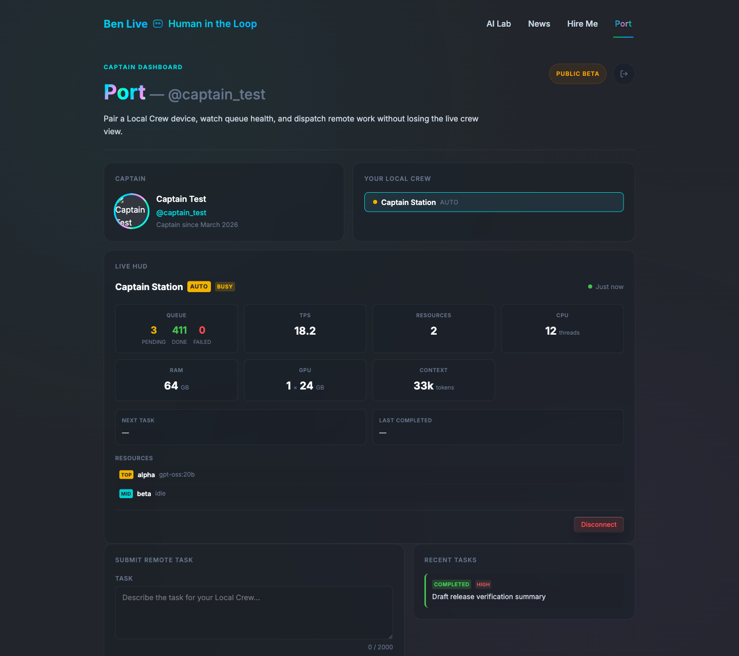 The authenticated Port dashboard showing a connected Captain profile, live crew HUD, queue metrics, and recent tasks.