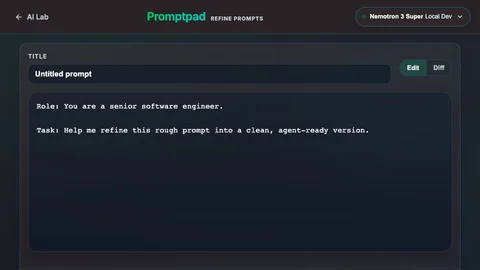 Promptpad's editor with a revision history and enhancement controls.