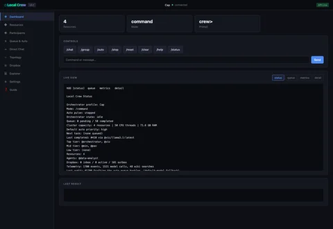 Local Crew operator dashboard showing resources, queue state, and cluster capacity across multiple inference devices.