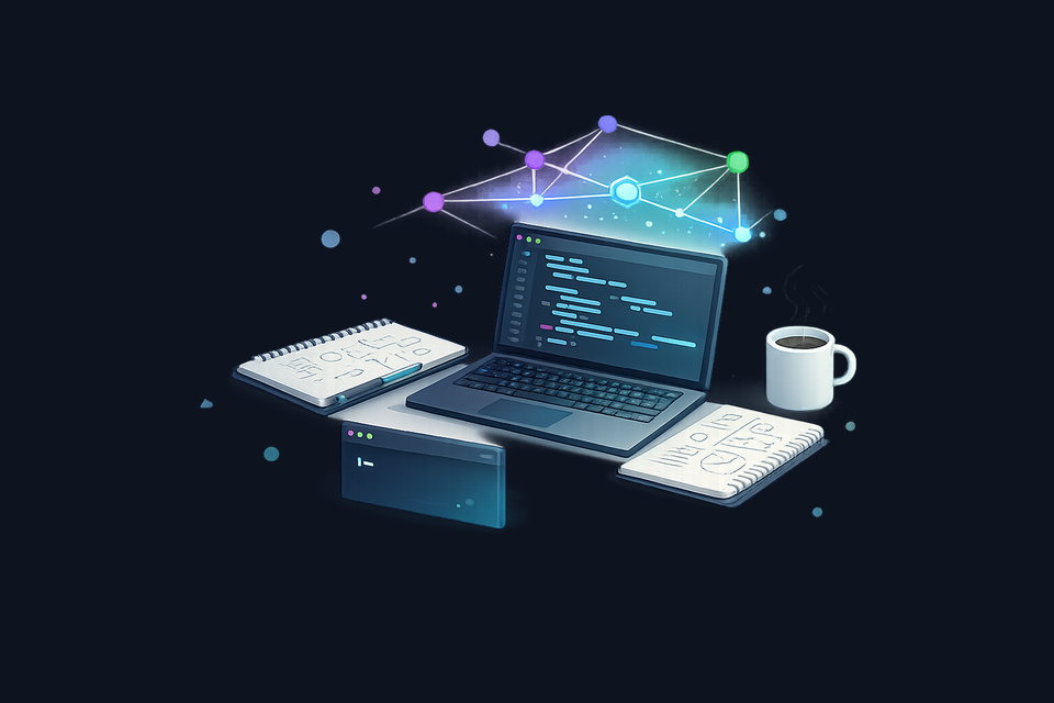 Isometric workspace with glowing code editor, AI neural pathways, and engineering tools converging into a unified development environment.
