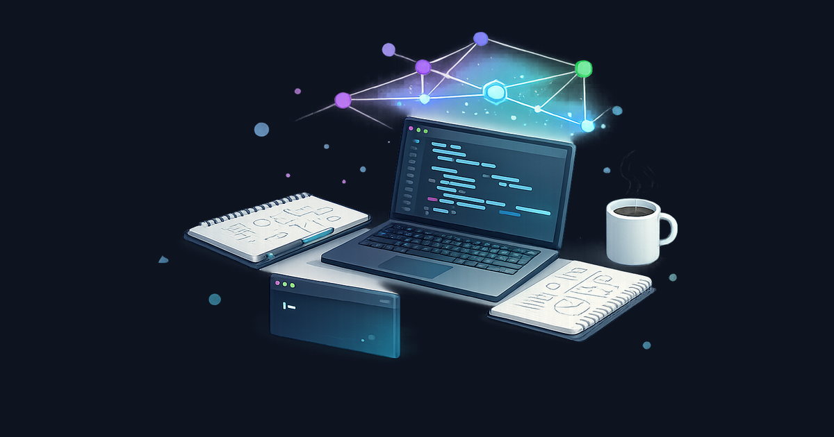 Isometric workspace with glowing code editor, AI neural pathways, and engineering tools converging into a unified development environment.