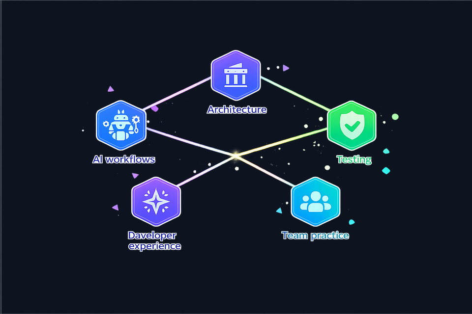 Connected network of blog topics: architecture diagrams, test suites, developer tools, and team workflows linked by glowing data streams