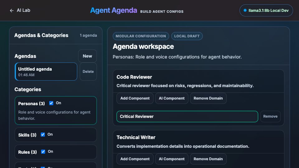 Agent Agenda, an editor for the personas, rules, skills, and tools that governance documents are made of.