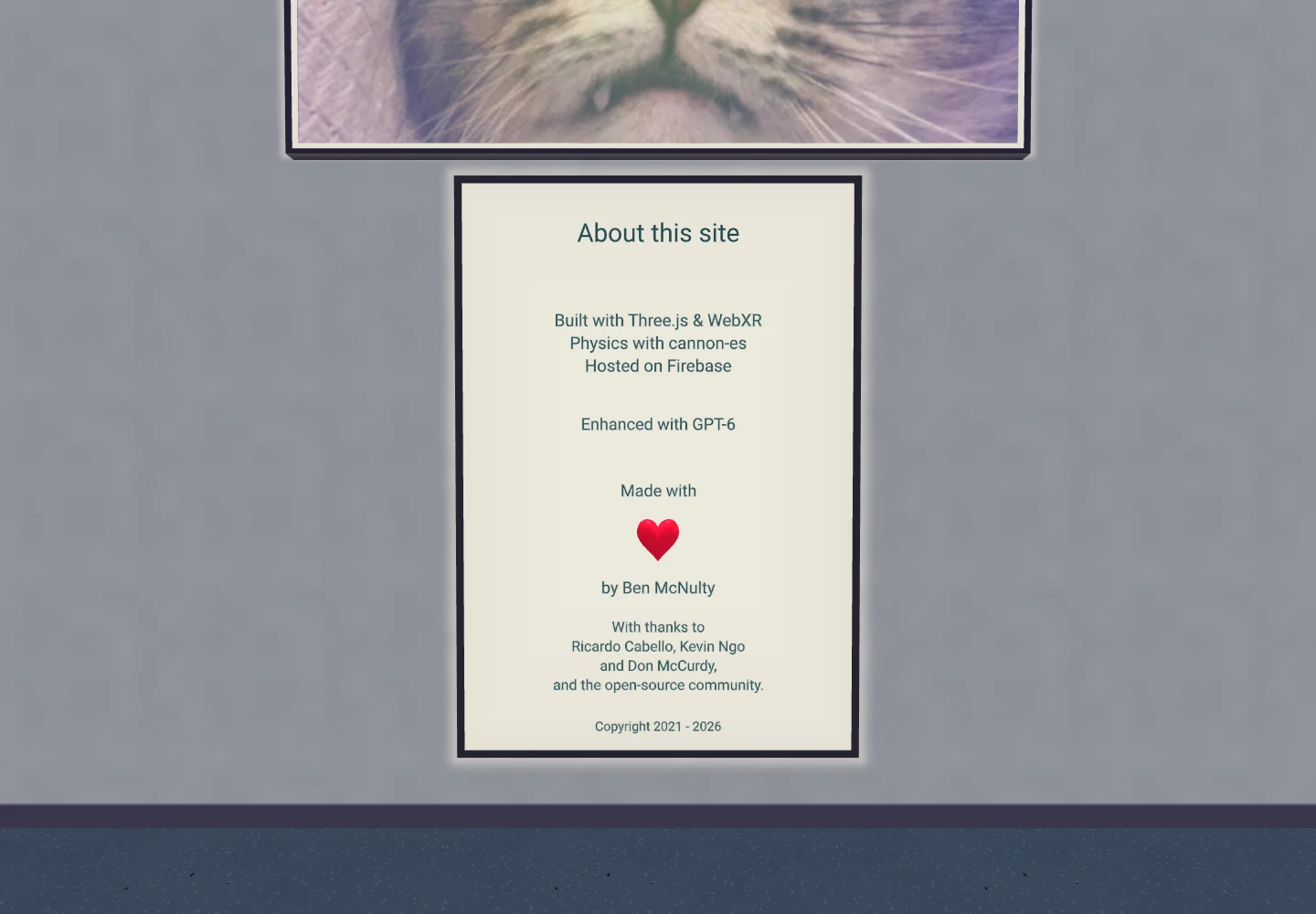 Editable credits with the current stack, GPT-6 attribution and a three-dimensional heart.
