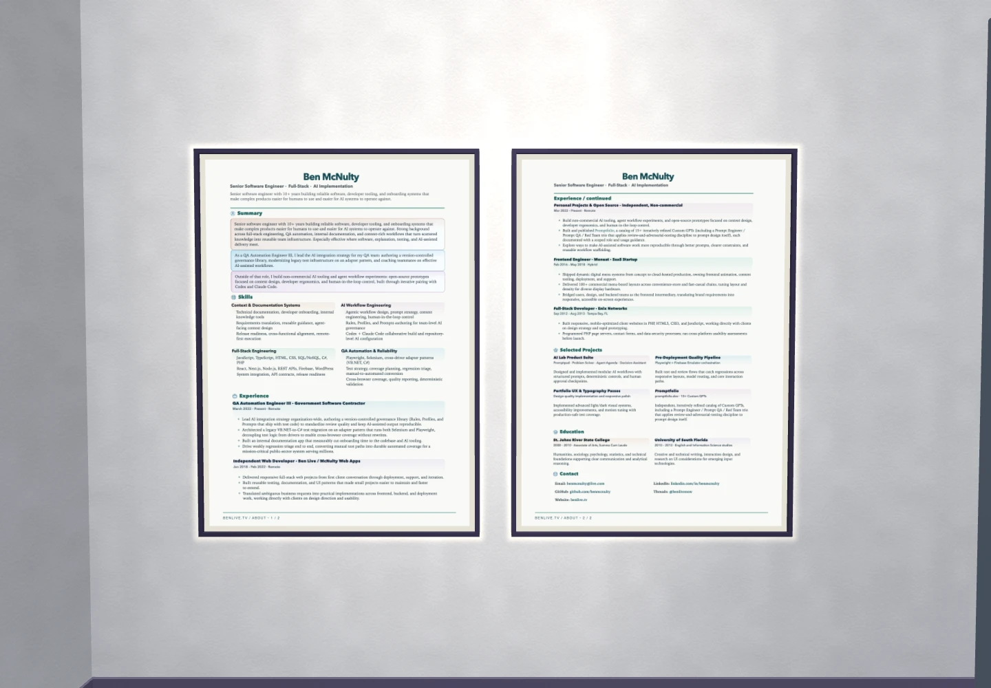 New résumé posters captured from the current About page, with clear sightlines.