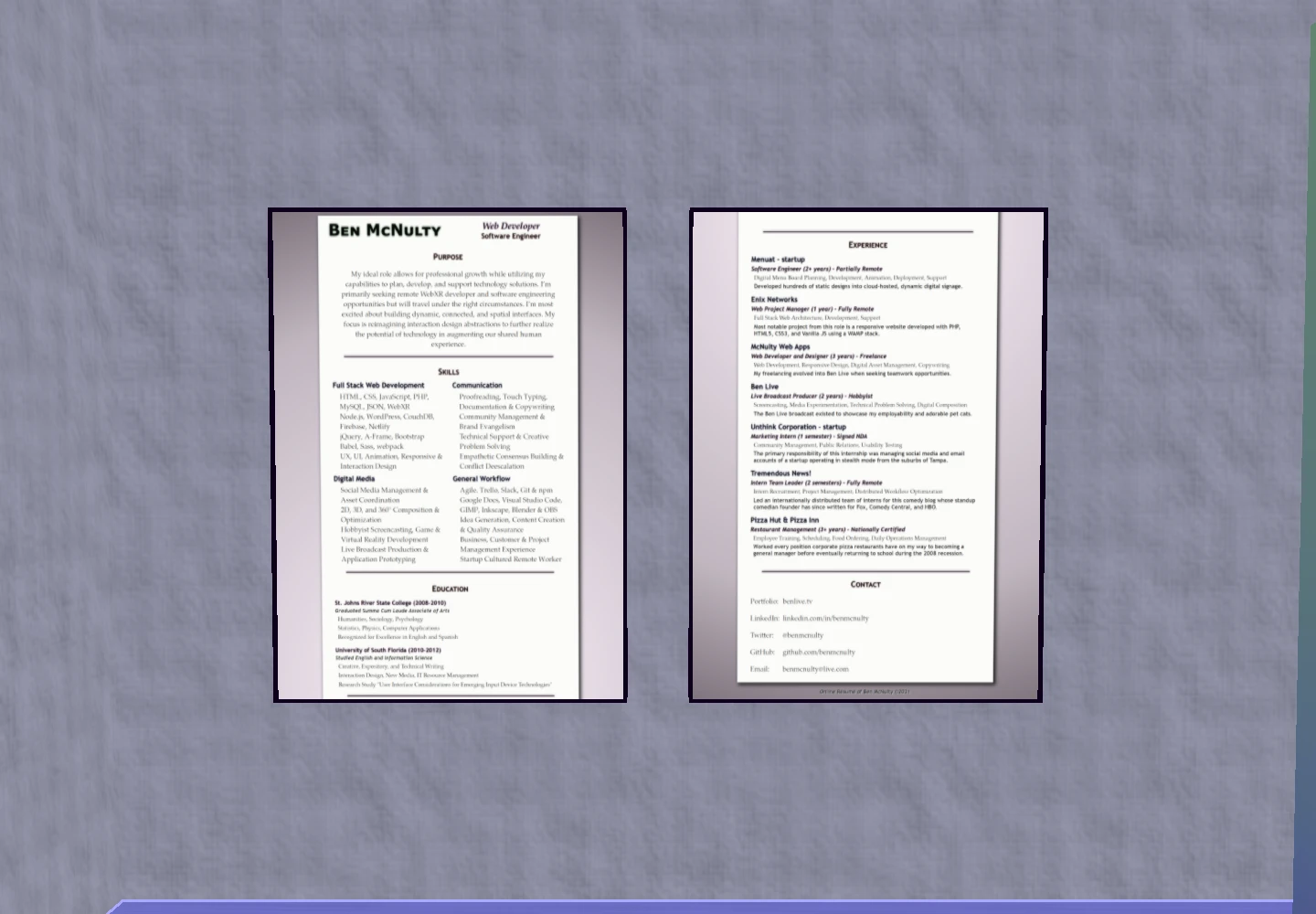Old résumé posters on the gallery wall.