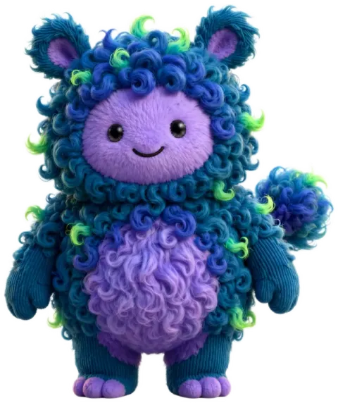 Koda, a fluffy creature with teal and blue curls, a violet face and green-tipped tufts.